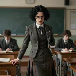 rgb, thin, woman, model, short black curly hair, incredibly detailed professor clothes, nerdy, in a classroom, shy, amazing composition & dynamic posing, by franz xavier leyendecker, wlop! muted colors, highly detailed, fantasy art by craig mullins, thomas kinkade cfg _ scale 9