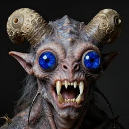 close up portrait of a mutant monster creature with four lapis - lazuli eyes, knife - like teeth, round conch fractal horns, insect antennae. jan van eyck, wayne barlowe