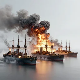 fleet of steampunk battleships exploding and burning, clouds of smoke, wide shot, aerial view, 120 black and white film photograph