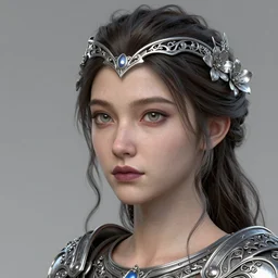 complex 3 d render, ultra detailed, realistic headshot portrait of a beautiful porcelain skin woman, face, wispy, wavy hair worn tied back in a messy bun, wearing filigree silver elven circlet, filigree breastplate armor, detailed open eyes, round catchlights, flowers in hair, mauve lips, 5 0 mm lens, beautiful, studio portrait,