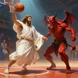 Jesus Christ defeating the Devil in a basketball game artstation digital art epic