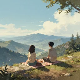 digital art, anime, boy and girl sitting on the ledge of a mountain having a picnic with a beautiful view, creative, concept, dirty art