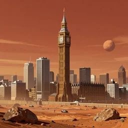 scifi city on the mars with big London tower, location, digital painting, red orange