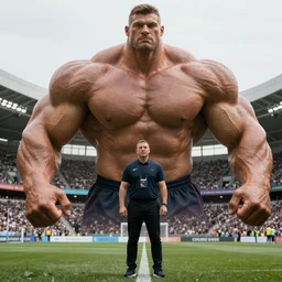 A gigantic bodybuilder as a football manager