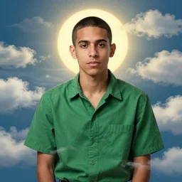 portrait of a ( ( ( un cafe ) ) ), ( ( bellaco guapo joven boricua pelo buzzed camisa verde abierta ) ), nubes y magia, el sol, concept character, by greg rutowski and mucha and bierstadt and remington, trending on artstation