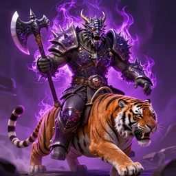 enraged orc king in spiky armor with a purple fiery aura!!!!!!, wearing a dragon mask, holding a poisonous axe, riding riding riding riding a tiger tiger tiger tiger, trending on artstation, sharp focus, highly detailed, digital fantasy art