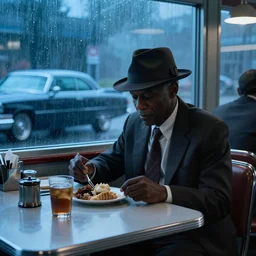 color movie scene of old black detective wearing fedora hat at breakfast in a diner cool blue lighting, moody vibe, rainy day, dark knight ( 2 0 0 8 ) set in 1 9 8 2. light haze. cadillac parked outside window. cinemascope. scorcese. fred herzog