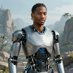 a portrait of kawhi leonard as an android robot in a scenic environment by conrad roset, hyperdetailed, cyberpunk, cool, cybernetically enhanced, trending on artstation