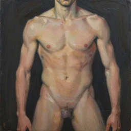 closeup, very few thick long paint brush strokes, outline suggesting the physique of one!!! very thin athletic man posing dramatically, closeup, matte colors, dark background, abstract painting trending on artstation