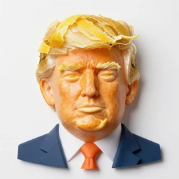 edible donald trump made step by step : 1 ) face is made of orange pieces 2 ) hair is made of shredded lemon skin 3 ) suit is made of blueberries and whipped cream 4 ) fine details are filled in using sprinkles, from the beautiful'food art collection ', dslr