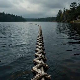 an infinitely long rope zig - zagging across the surface of the water into the distance, floating submerged rope stretching out towards the center of the lake, a dark lake on an overcast day, atmospheric, color film, trees in the background, hyper - detailed photo, anamorphic lens