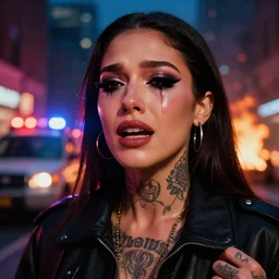a streetwear mixed woman wearing thick mascara by Studio Trigger, crying, a city on fire in the background, police lights shine on her face, tattoos, dark glitter makeup,  Cinestill 50d, 4k, 8k, hd, full color, octane render, trending on artstation, highly detailed
