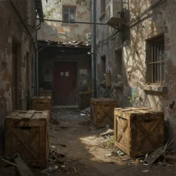 a beautiful painting digital high detailed of a grungy back alley with wooden crates and dirt