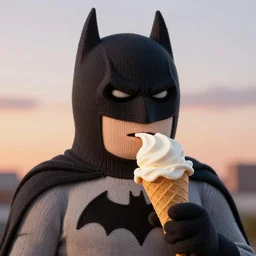 a large knitted batman devouring a vanilla ice cream cone during sunset at the beach Trending on artstation, featured on Behance, well-rendered, Unreal Engine, 4K HD
