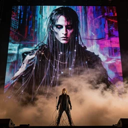 dusty Trent Reznor, elaborate stage effects, dust, smoke, giant LED screens, colored projections, ultrafine detail, goth cybersuit, glowing thin wires, smoke, high contrast, projections, associated press photo, masterpiece