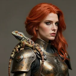 5 5 mm photo of an armored redhead woman with a lizard sitting on her shoulder by luis royo. highly detailed 8 k. intricate. lifelike. soft light. nikon d 8 5 0. cinematic post - processing