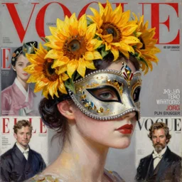 masquerade ball mask, korean audrey hepburn, natalie portman, emma watson, vogue magazine, elle magazine, greg rutkowski, john singer sargent, trending on artstation, anime, oil painting, side profile portrait, looking right, sunflower crown, intricate