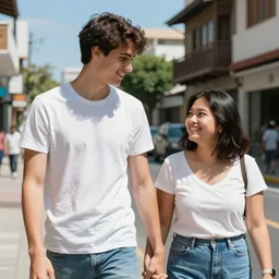 street photography young adult couple smiling holding hands. Skinny tall Latino short dark brown hair male, chubby short Filipino long hair female. Colorful sunny day Nikon p500