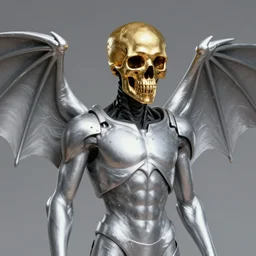 hyperdetailed, realistic illustration of c 3 p 0 with silver bat wings and a gold dear skull for a head