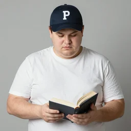 very obese man with a t-shirt and a cap with the letter P, dedicating a book