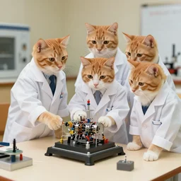 1 9 8 0's color photo, cute orange cats in white lab coats supervising cat mechanical experiments
