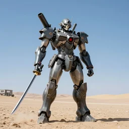 rengoku tower of purgatory, combat android, katana arms, sword arms, shoulder cannon, modern military, skeletal face, military prototype, photography, desert, blue