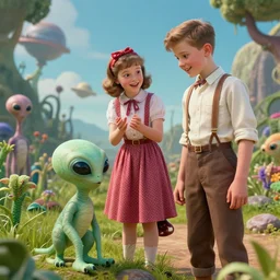 a girl and a boy standing next to some alien plants, looking happy, wearing 1950 era clothes, they are playing with their small pet alien creature, in a park on a alien planet, extremely highly detailed, ultra realistic facial details, hyper photorealistic raytracing, octane render, 8k
