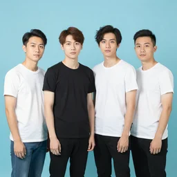 four guys standing next to each other facing the camera, bright light blue background, studio photography, high quality