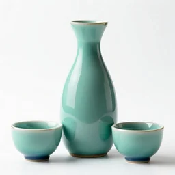 turquoise sake set, high detail macro photography, isolated on a pure white background, centered, entire object in frame, sharp focus, soft studio lighting