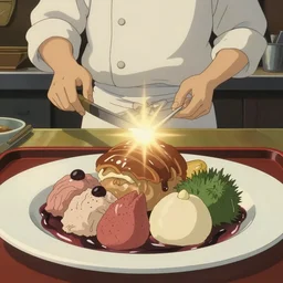 a delicious beautiful plate dish of food, amazing food illustration, chef table, in style of studio ghibli, miyazaki, anime