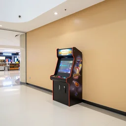 an empty food court at a mall with a single arcade machine on the wall, vhs footage