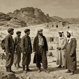 ultra detailed photorealistic sepia - toned painting from 1 9 1 7, a small group of british soldiers standing with bedouin traders in traditional arab garb, at an archaeological dig site in wadi rum, ultra realistic, painted, intricate details, lovecraft, atmospheric, dark, horror, brooding, highly detailed, by clyde caldwell