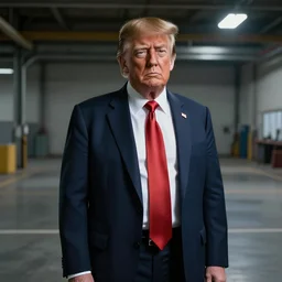 Digital state-sponsored anime art of Donald Trump by A-1 studios, serious expression, empty warehouse background, highly detailed, spotlight