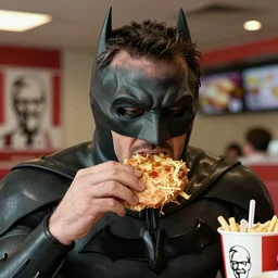 A photo of Ben Affleck's Batman eating at KFC. Extremely detailed. 4K