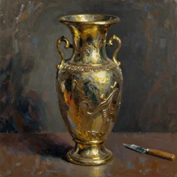 beautiful large ornate vase in a dark room with light catching on it’s shiny polished surface, painted in the style of the old masters, painterly, thick heavy impasto, expressive impressionist style, painted with a palette knife