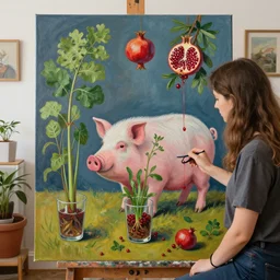 a female art student in her apartment, plants in glasses, pig, weeds, pomegranate, berries dripping, acrylic on canvas, surrealist, by magritte and monet