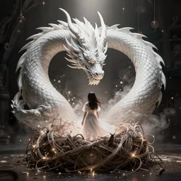 a white dragon aroud a gril, in the magic nest, ， magic light dust, intricate. symmetrical. dim lighting, unreal engine 5, concept art ， by greg rutkowski, loish, highly rendered, digital painting, artstation, artstation hq, mysterious toplight 8 k