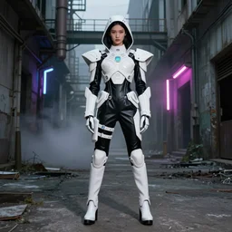 beautiful fashion model with white sci - fi ornate tactical gear, black leather garment, hologram sci - fi hood, full shot fashion photography, misty alleyway, abandoned factory, neon light, by irving penn and storm thorgerson, ren heng, peter elson