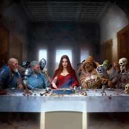 film still dnd symmetric last supper, kate beckinsale as thief red dress at center, fullplate paladins, warlocks blue, dwarfs brown, orcs green, skeletons white, 8 k, deep focus, fantasy, intricate, elegant, highly detailed, digital painting, artstation, concept art, matte, sharp focus, illustration, hearthstone