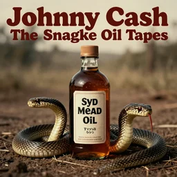 album cover for Johnny Cash: The Snake Oil Tapes, album art by Syd Mead, snake oil album, snakes, no text