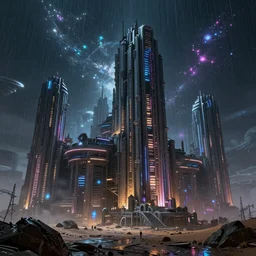 a beautiful photorealistic highly detailed abandoned city stronghold architecture by pierre de meuron, neon noir bioshock at winter otherworldly postcyberpunk cosmic tundra desert azeroth rain night extraterrestial galactic, archdaily, wallpaper, highly detailed, trending on artstation.