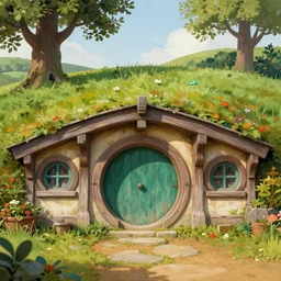 beautiful matte painting of a hobbit house with round door and windows under a hill, whimsical by brian kesinger and thunder brush, artstation