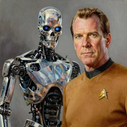 realistic portrait beautiful painting from scene in the terminator movie, when robot turned into captain kirk. horror, created by thomas kinkade and gustave courbet, fine draw, high detailed, fine lighting, smooth draw, no anomaly.