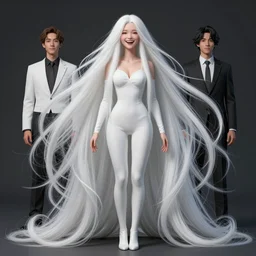 very happy woman, wearing a white outfit, absurdly long hair, white hair, hair down to floor, by tom bagshaw and ilya kuvshinov, rtx rendering, octane render 1 2 8 k, maya, extreme high intricate details by wlop, digital anime art by ross tran, composition by sana takeda, dramatic lighting by greg rutkowski