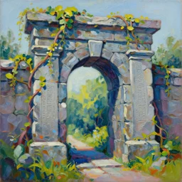 colorful Grzegorz greg rutkowski impasto!! acrylic painting of the slate stone gateway of a forgotten civilization. vines and creepers, stone etchings