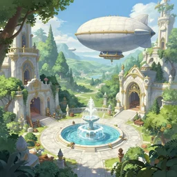 Airship workshop inside a beautiful elven city made of white marble, anime, lush trees, fountain, a fantasy digital painting by Greg Rutkowski and James Gurney, trending on Artstation, highly detailed