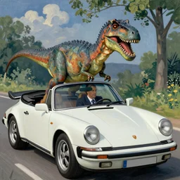 a velociraptor in a business suit driving a convertible porsche 911 with the top down, by Paul Cézanne