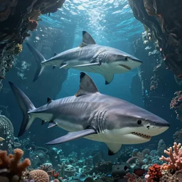 giant realistic sharks, underwater coral cavern, d & d, fantasy, digital painting, artstation, sharp focus, 8 k, extremely detailed, stunningly beautiful, artgerm, greg rutkowski