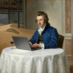 baroque oil painting handsome aristocrat in blue suit playing a laptop in warehouse, painted by greg rutkowski cushart krentz jeremy mann, dune sandworm, wine glass, marble interior, front view, soft lighting, elegant, morandi color scheme, white embroidered tablecloth, baroque style
