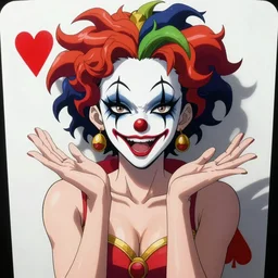 4K headshot of sexy goddess clown with defined arms and open hands and with giant joker playing card in background , intricate face , flawless anime cel animation by Kentaro Miura, psychedelic , highly detailed upper body , professionally post-processed , beautiful, scary, symmetry accurate features, epic, octane rendered, anime masterpiece, accurate